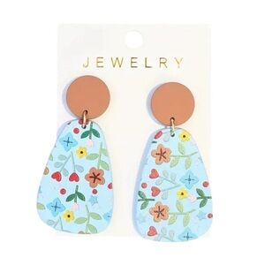 Floral Pattern Blue Clay Polymer Dangle Earrings
